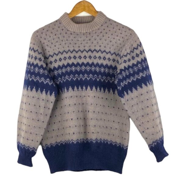 Hand Knit Women's Grey Blue Wool Blend Fair Isle Pattern Sweater Estimate S - Picture 1 of 9